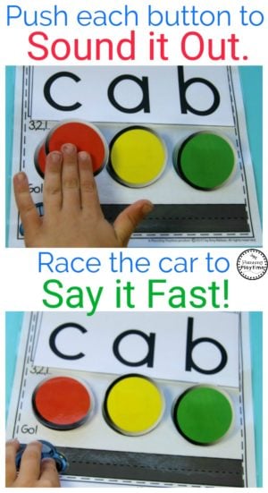 Kindergarten Reading Practice Activity. Push to sound it out. Then Race to say it fast.