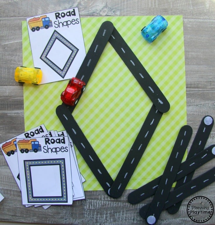 Preschool Transportation Unit Shapes - Giant Craft Stick Roads #preschool #transportationunit #planningplaytime