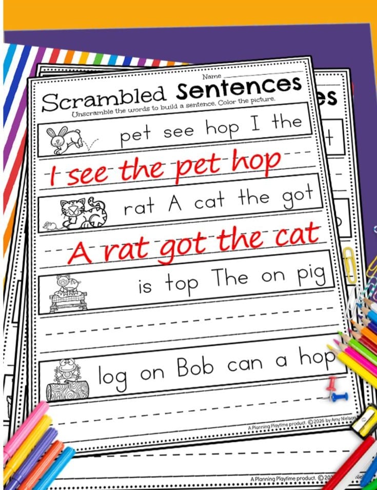 Sentence Scramble Worksheets for Kindergarten   CVC Sentences Practice - 2