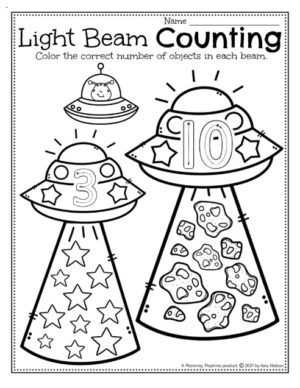 Alien Light Beam Counting Worksheets - Space Preschool Worksheets