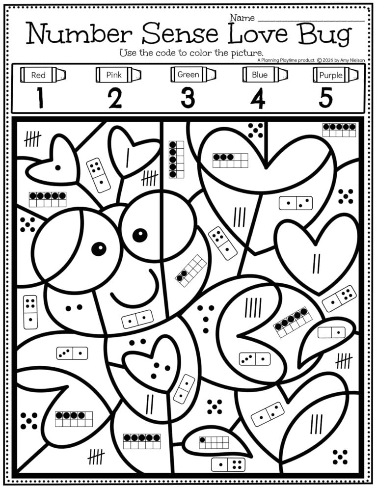 Love Bug Subitizing Color by Code Number Sense Worksheet pg 1