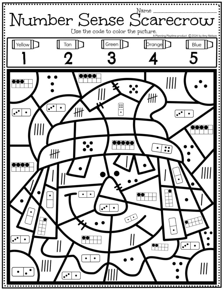 Scarecrow Subitizing Color by Code Number Sense Worksheet pg 1